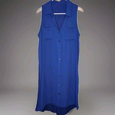 Cobalt Blue Sleeveless Shirt Dress Button Front Hi-Low Hem VTG Career Chic M