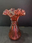 Vintage MCM Fenton Art Glass Cranberry Wheat Vase Ruffle Edge 7 1/4"