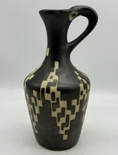 Vintage MCM  Blakc Tan Geometic pattern Art Pottery Vase Pitcher Jug 8.5" Tall