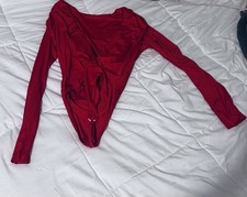 Red Long Sleeve Women's Bodysuit Opaque Basic Regular