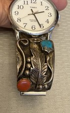 Vintage Signed Navajo Native American Sterling Silver Coral Turquoise Watch Band