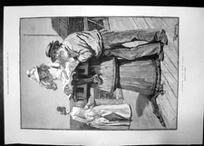 Antique Old Print Looking Out For Papa 1890 Rainey Little Girl Woman Man Pier
