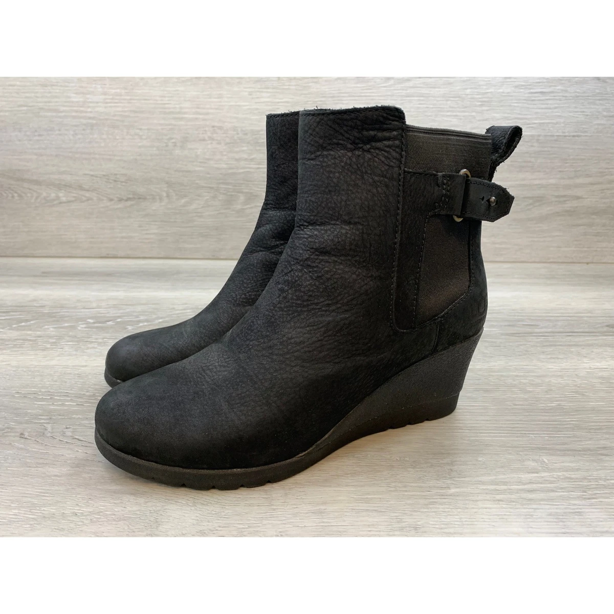 UGG Wedge Mid (2-2.9 in) Heel Height Boots for Women for  UGG Kriston Leather Suede Waterproof Bootie BLACK WEDGE Sz 8 Fur Wool Insole main image 0