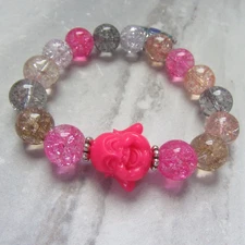 Candy Pink Buddha Bracelet with Evil Eye Charm, Glass Beaded Stretch Bracelet