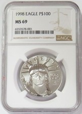 1998 PLATINUM $100 AMERICAN EAGLE 1oz STATUE OF LIBERTY NGC MS 69 3350.00 per troy oz