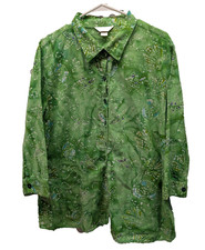 CJ Banks 3X Batik Green Cotton Top Button Up Blouse Coastal Resort Cruise Artsy