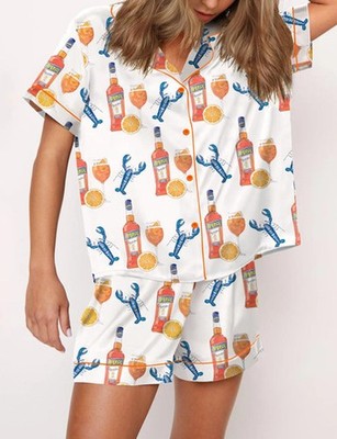 Lobster Aperol Spritz Trio Satin Pajama Set For Women