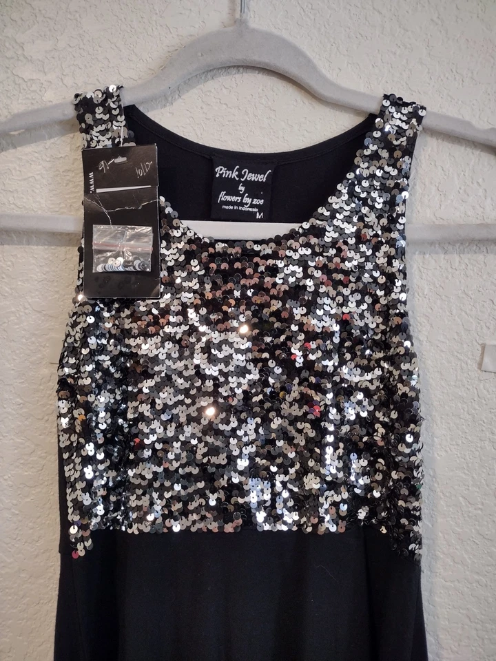 Flowers By Zoe 女孩黑色连衣裙 尺寸 M 7 8亮片粉色珠宝假日派对 — 第 2/4 张图片