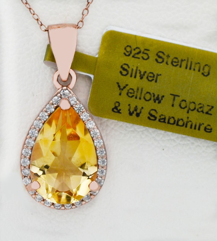 GENUINE  7.06 Cts YELLOW TOPAZ  PENDANT NECKLACE 14K ROSE GOLD PLATED (.925)