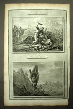Sansón mata a mil filisteos con una mandíbula D'Donkey grabado de la Biblia 1700