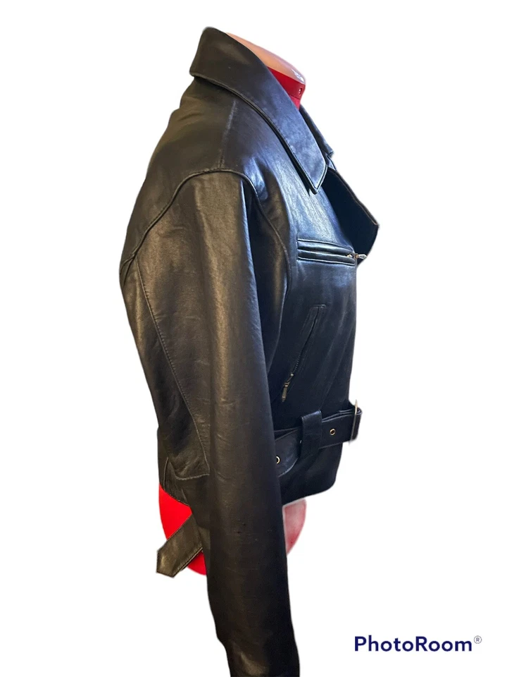 Mujer Ms Máxima Cuero Negro Chaqueta Cinturón Moto Talla Grande Mangas 3/4 Foto 2 de 4