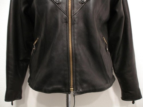 Womens M Unik Ultra Black Leather Motorcycle Riding Jacket Braided Insulated Zip - Picture 4 of 20