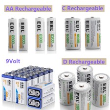 EBL Lot C D Size 9V Battery 6F22 Ni-MH/Li-ion Rechargeable Batteries USA
