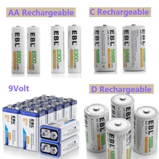 EBL Lot  C D Size 9V Battery 6F22 Ni-MH/Li-ion Rechargeable Batteries USA
