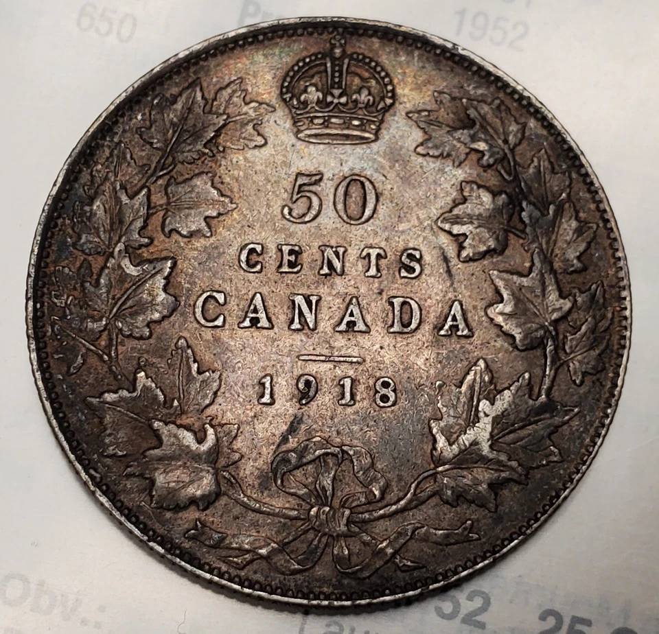 1918 Canada 50 Cents AU World Silver Coin Toned  - Image 2 of 2