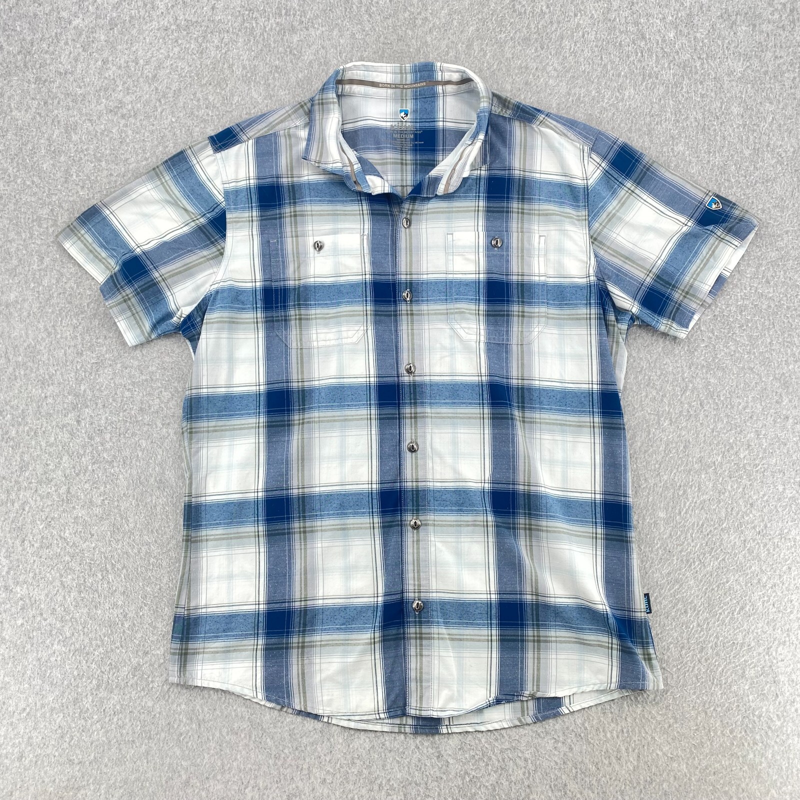 KUHl Men's Medium Blue Short Sleeve Tapered Fit Button Down Camp Shirt for Outdoor Adventures