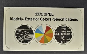 1971 Opel Paint Chip Colors Brochure GT 1900 Rallye Wagon Excellent Original 71