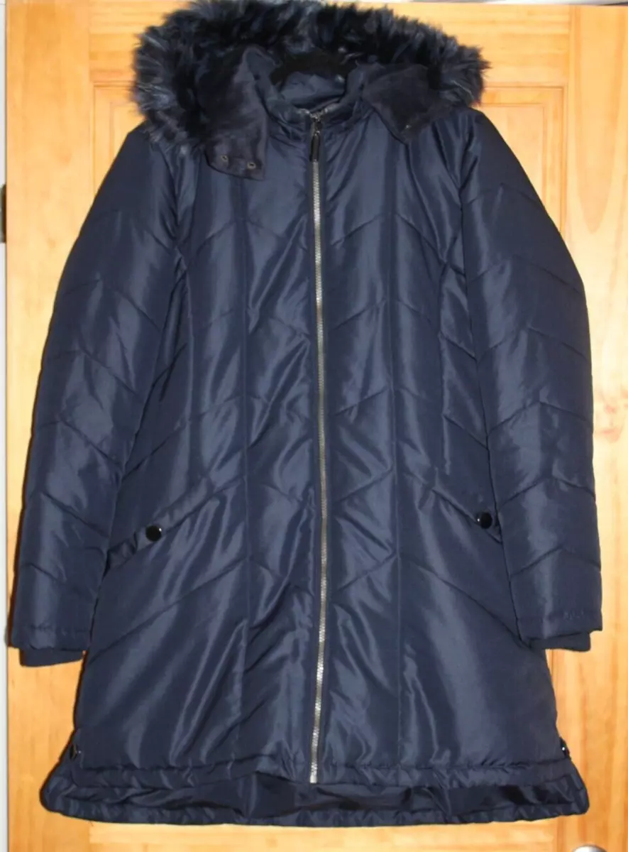 NEW Liz Claiborne Mid length Hooded Polyester Puffer Coat Navy