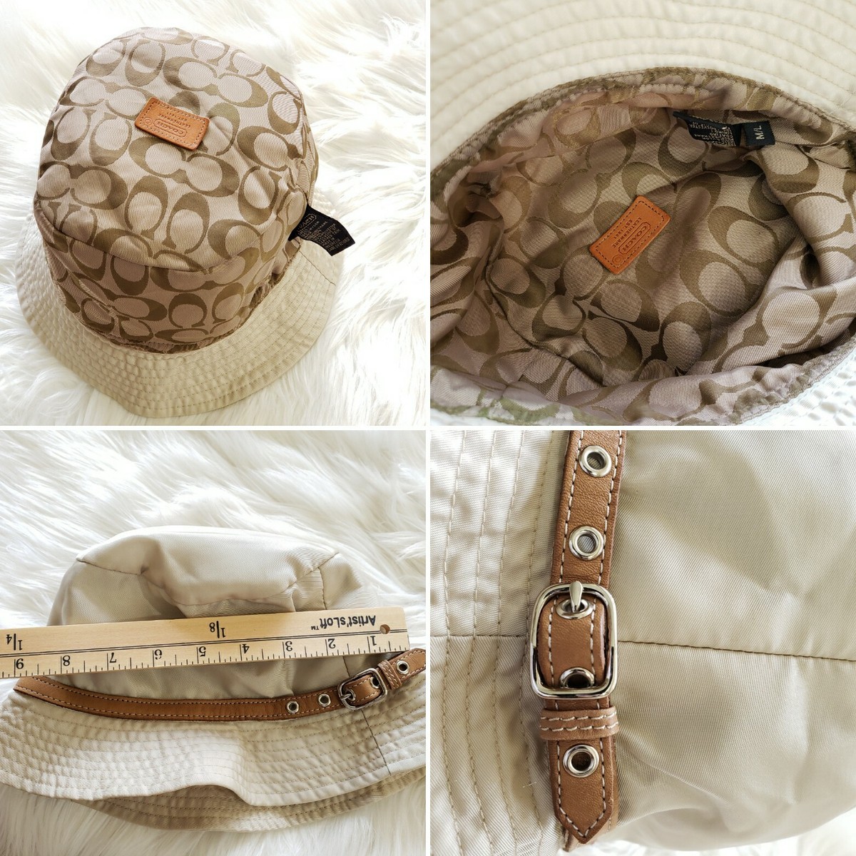 Coach Brown & Tan Signature Bucket Hat with Gold Trim and Gold Buckle Band Coach Signature Canvas Bucket Hat in Tan & Brown | eBay main image 4