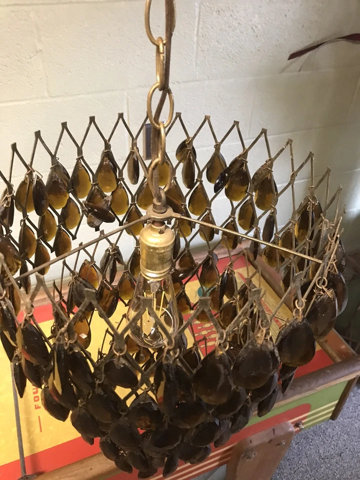 ANTIGUA LÁMPARA DE ARAÑA MCM CRISTAL MARRÓN ÁMBAR DE COLECCIÓN ENCHUFE Y USO Foto 4 de 4