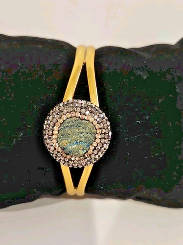 Rhinestone & Aquamarine Druzy Cabochon Gold Tone 2 ½ " Cuff Bracelet - Picture 4 of 11