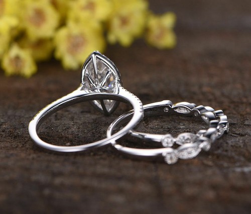 1,80 kt weißer Marquise-Schliff CZ Braut zwei Bänder Verlobungsring Set 925 Silber - Bild 2 von 5