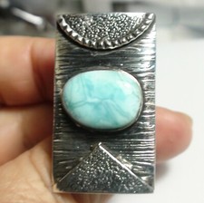BIG 17.0 CT NATURAL LARIMAR /PECTOLITE RING SOLID 925 S-G SILVER.SIZE 8.5.