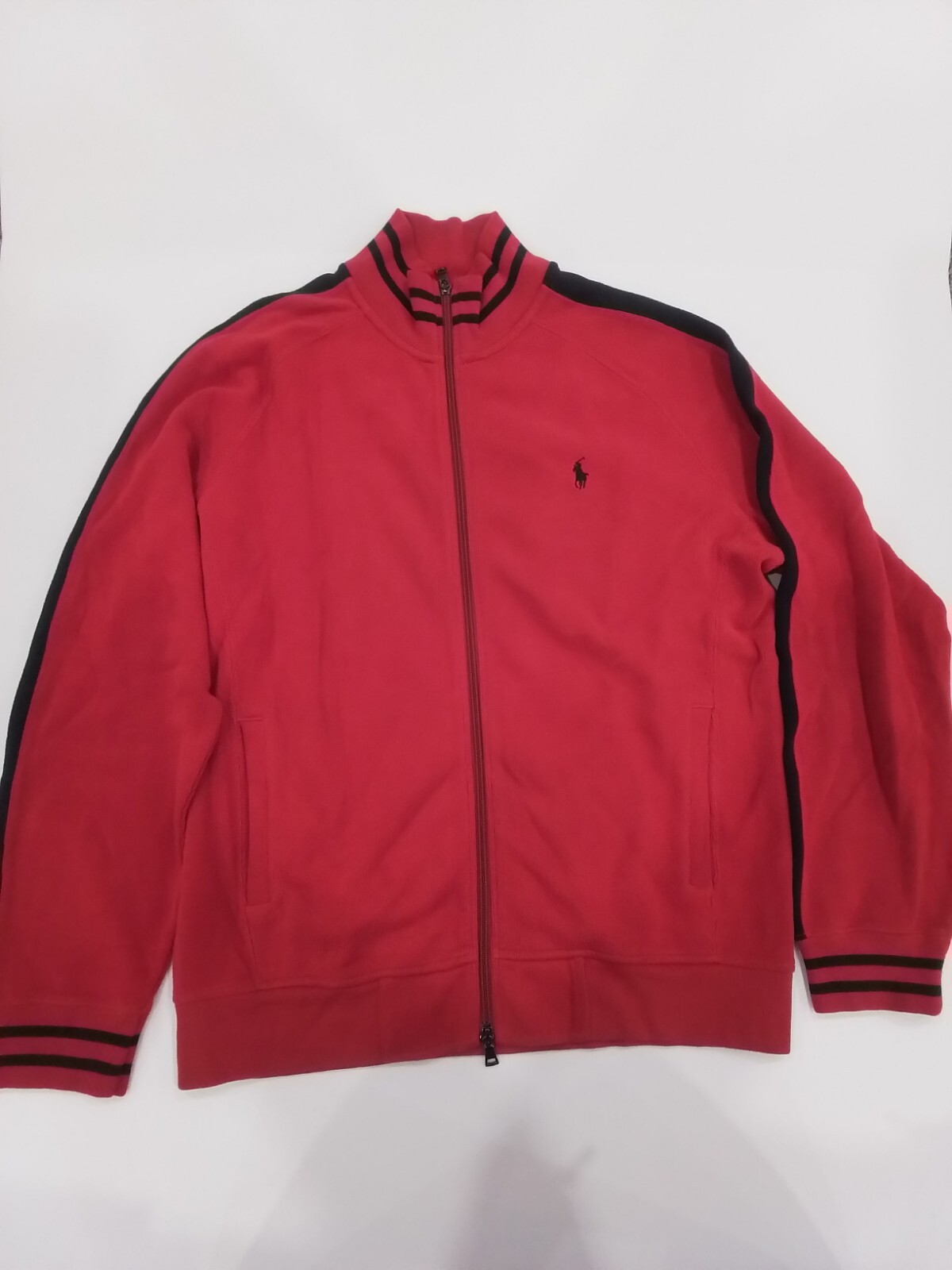 Ralph Lauren Giacca Uomo Rosso Con Bordo Nero Pony Full Zip Track Maglione Large