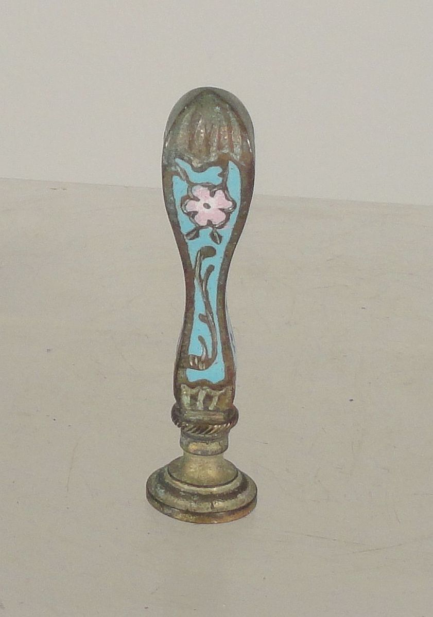 Antique Limoges Style Enamel Champleve Desk Seal Monogram Letter Brass