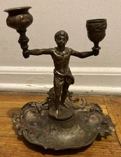 Antique 19/20thc Brass Blackmore Figure Double Candlestick Stand ashtray? Metal
