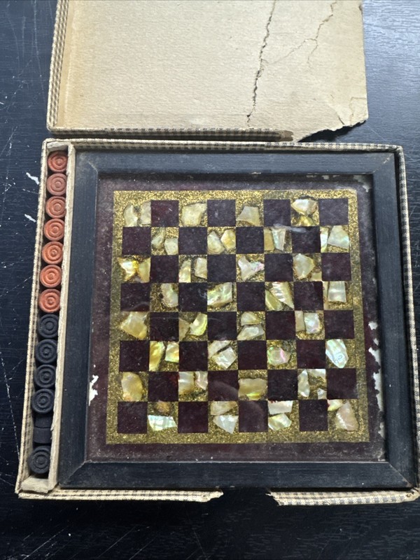 6in Antique UNUSUAL Mother of Pearl & Gold Tinsel/Foil Chess Board