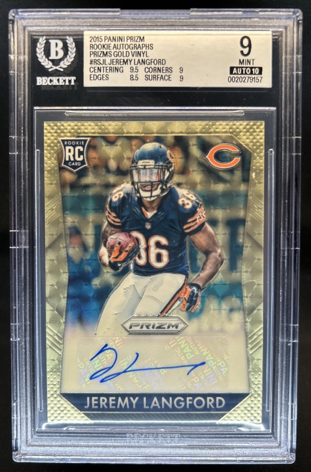 2015 Panini Prizm Jeremy Langford Rookie RC Gold Vinyl Auto #/5 Bears BGS 9 view 1