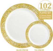 Gold Plastic Plates Set of 102 Disposable Plates with Gold Lace 7.5 Inch Wedding
