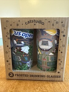 Rare Find! 2 US Open Tennis Frosted Drinking Glasses 15 oz Arthur Ashe Catstudio