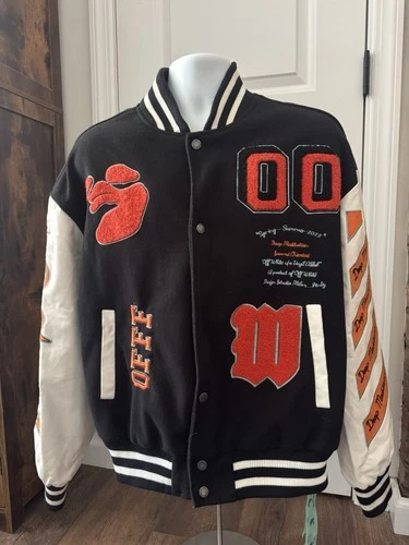 Off-White Graphics Leather Varsity Jacket Snap Embroidered Patch Black/Orange L - product listing photo