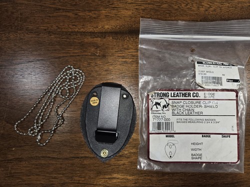 Strong Leather Co. Snap Closure Clip-On Badge Holder Shield Chain Black Leather - Picture 4 of 5