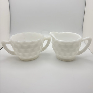White Milk Glass Creamer & Sugar Bowl Set w/ Handles, Geometric, 2pc