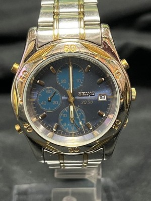 Seiko SQ 50 Chronograph Watch Blue Dial Gold Silver Used SV220