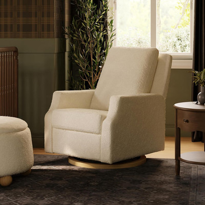 Eco-Certified Ivory Boucle Recliner & Swivel Glider with Light Wood Base