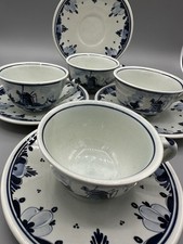 Vintage Delft Blue Tea Cups  Saucers Set 4 Holland Hand Painted VnDyke