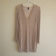 Beige Pink Beaded Mesh Bodycon Dress V-Neck Long Sleeve Size L