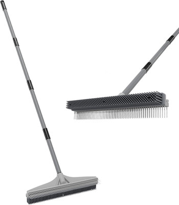Walensee Rubber Broom, 2 in 1 Rubber Broom and Nylon Carpet Rake Brush for Pet H