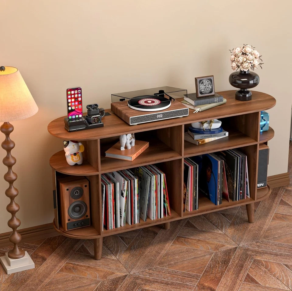 Large Round Record Player Stand with Charging Station & USB Ports,Record Stor... - image 3 of 4