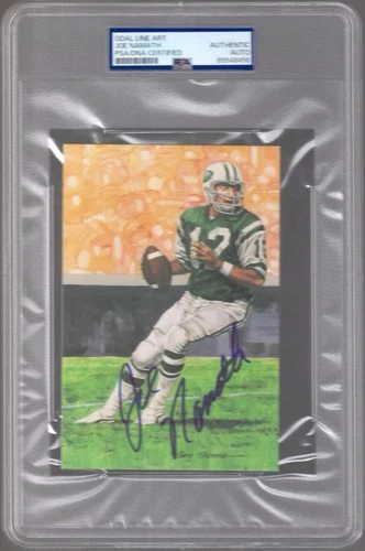 JOE NAMATH AUTOGRAPHED HOF GOAL LINE ART CARD      NY JETS      JSA+PSA SLABBED