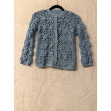 Vintage Handmade Crochet Cardigan Sweater Blue Floral Popcorn Cottagecore XS