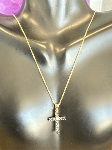 ❤️ 10K Yellow Gold Simulated Sapphire Cross Pendant Necklace 1.7 Gr. - Picture 7 of 12
