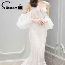 Ladies V Neck Backless Bridal Dress White Lace Mermaid Wedding Ball Gown Dresses