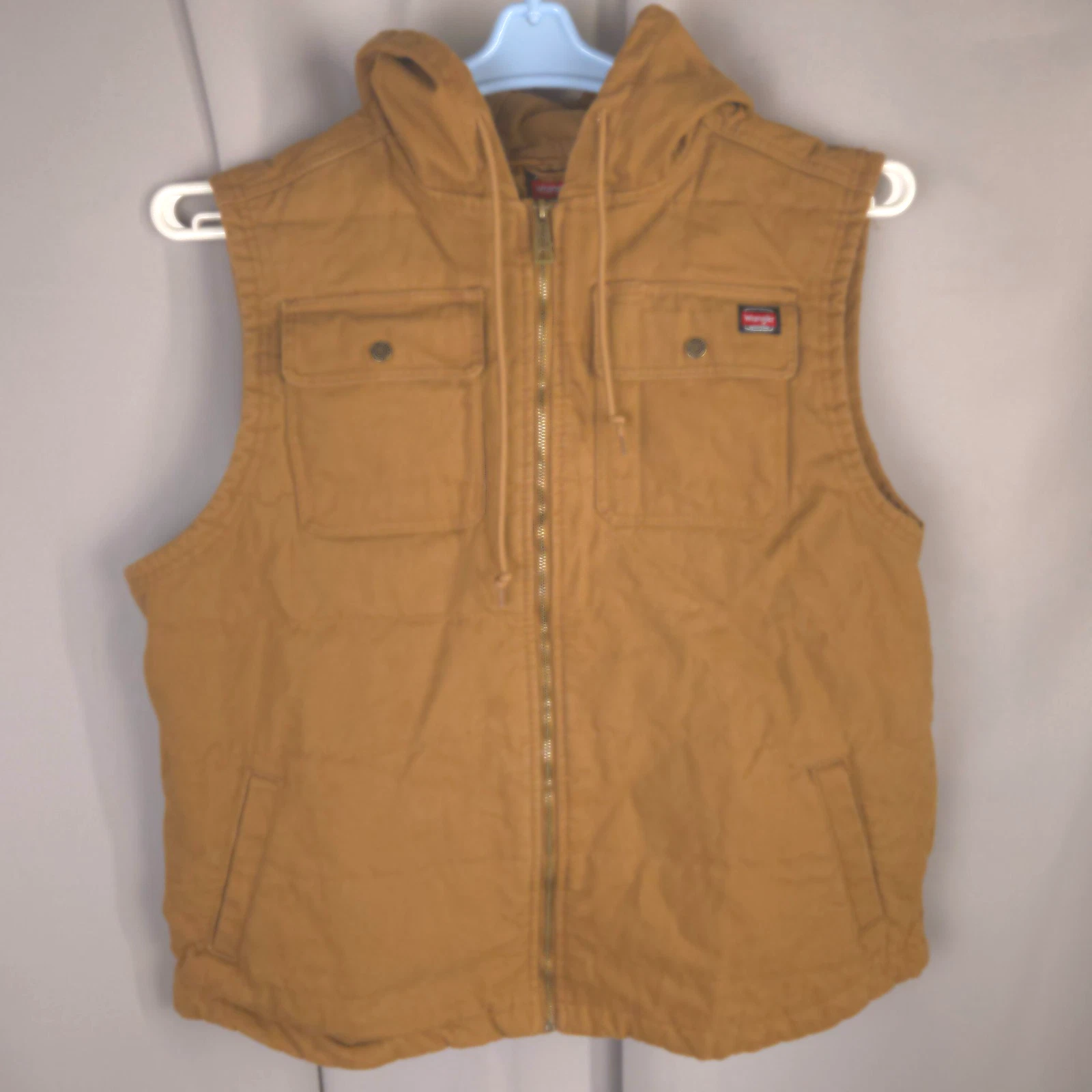 Wrangler Workwear Vest Men 2XL Brown Canvas Hooded Denim Quilt Lined Utility