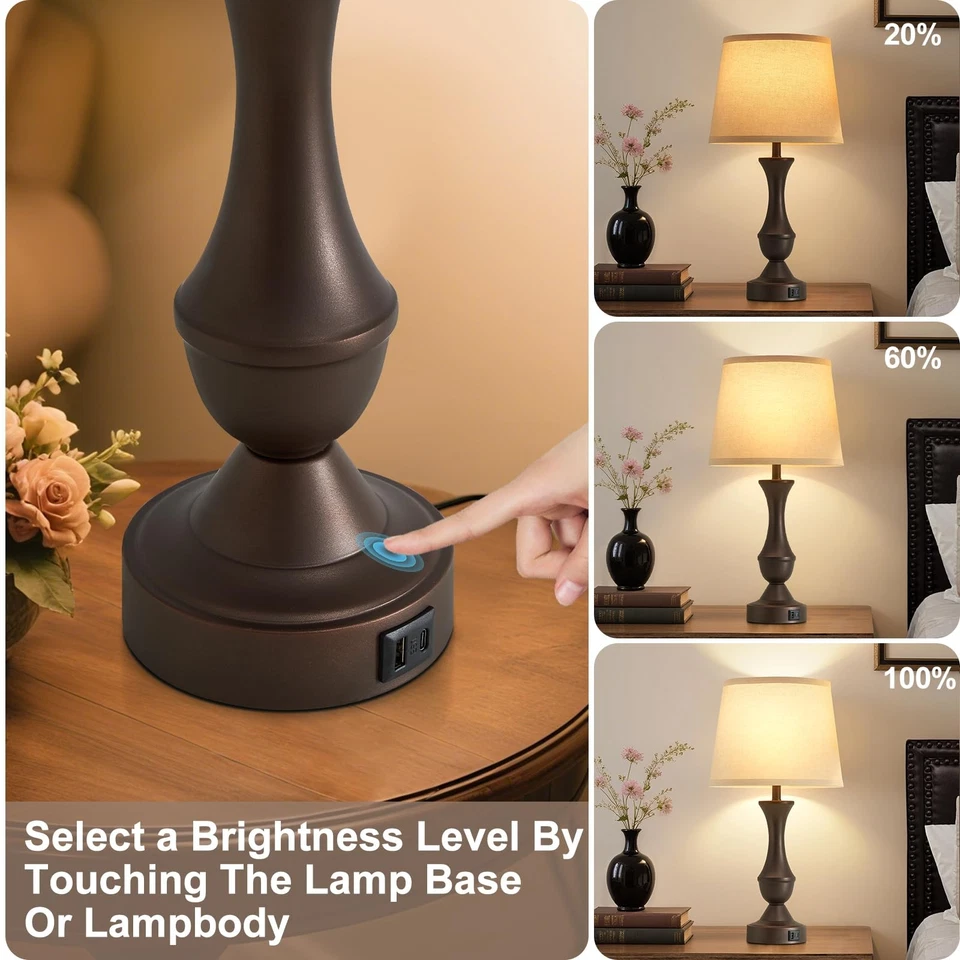 Juego de 2 Lámparas de Mesa 22" - Lámpara de Mesita de Noche Marrón Vintage con Pantalla de Tela Beige... Foto 4 de 4