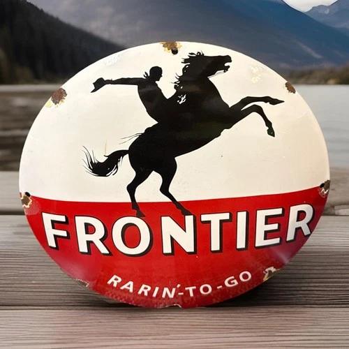 VINTAGE 12” FRONTIER GASOLINE RARIN’ TO GO PUMP PLATE PORCELAIN DOME SIGN